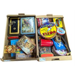 Collection of vintage tins and boxes, including advertising examples