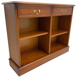 Georgian design yew wood open bookcase, rectangular moulded top over two drawers and two adjustable shelves, on moulded plinth base 