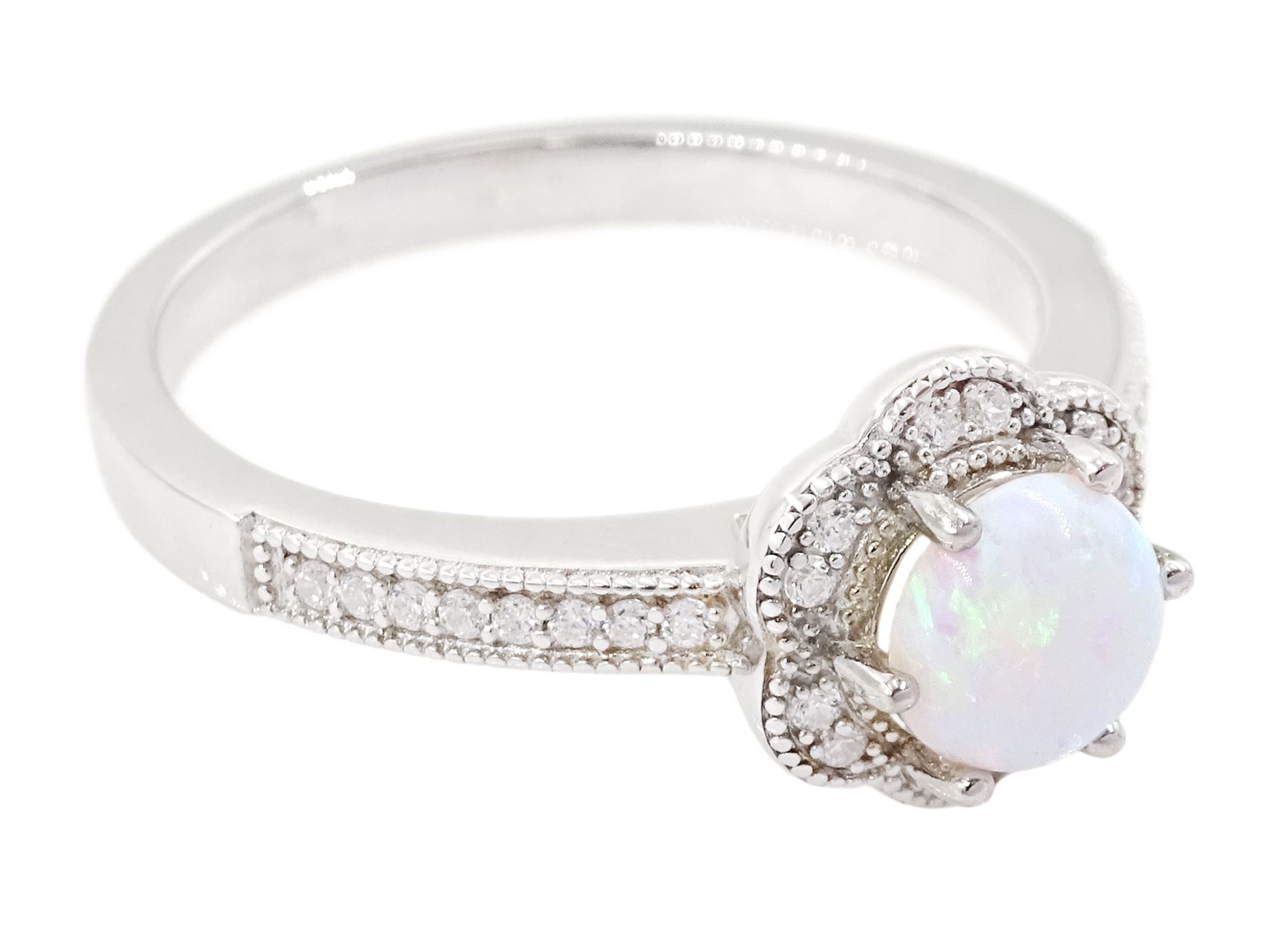 Silver cubic zirconia and opal ring, stamped 925