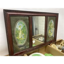 Ceramic figurines, tea wares and a framed mirror, together with other ceramics and collectables, in three boxes
