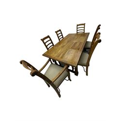 Barker & Stonehouse 'Flagstone' range mango wood dining table, fluted rectangular top with marquetry inlay, raised on turned supports connected by fluted H-stretcher; six (4+2) slatted-back chairs with beige upholstered seats H112cm 