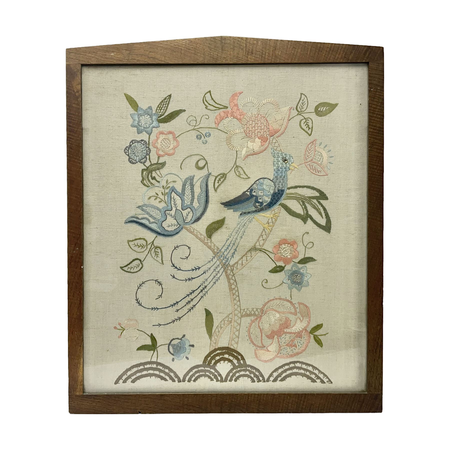 20th century framed crewelwork embroidery, depicting foliate and birds, H64, W55cm