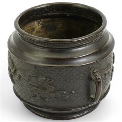 Japanese Meiji bronze two handled pot with raised pattern of dragons on a scaled ground D9.5cm x H9.5cm