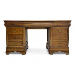 French cherry wood kneehole desk or dressing table, moulded rectangular top over twin pede...