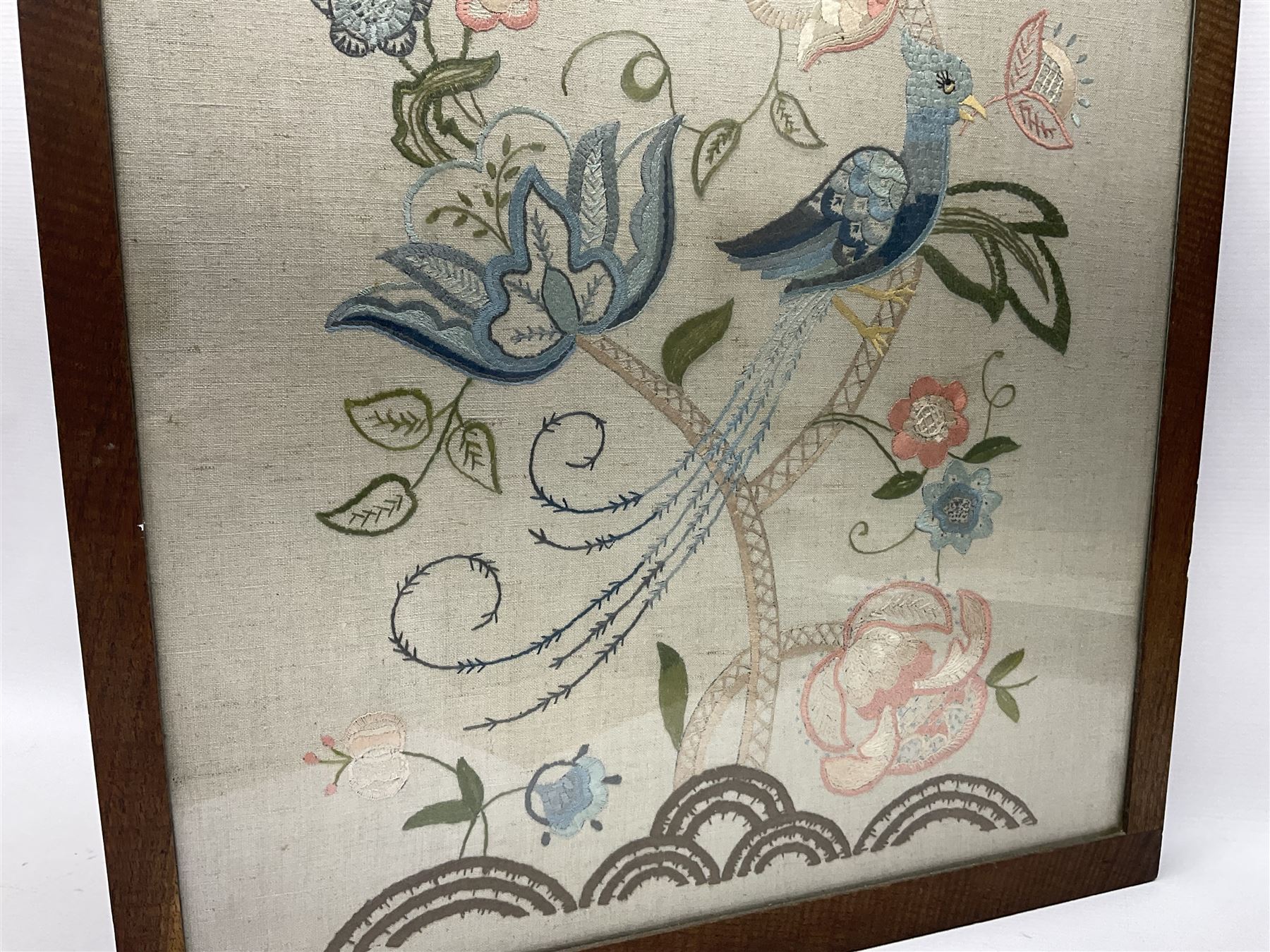 20th century framed crewelwork embroidery, depicting foliate and birds, H64, W55cm