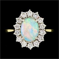 18ct gold opal and round brilliant cut diamond cluster ring, London import mark 1981, opal...