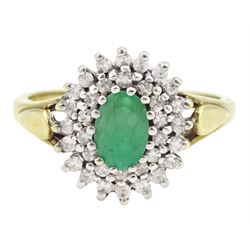 9ct gold oval cut emerald and two row, round brilliant cut diamond cluster ring, hallmarked