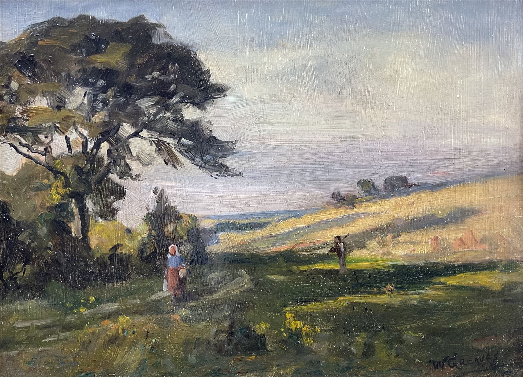 William Greaves (British 1852-1938): 'Evening - Scholes near Leeds', oil on board signed, titled verso with artist's Leeds address 21cm x 29cm