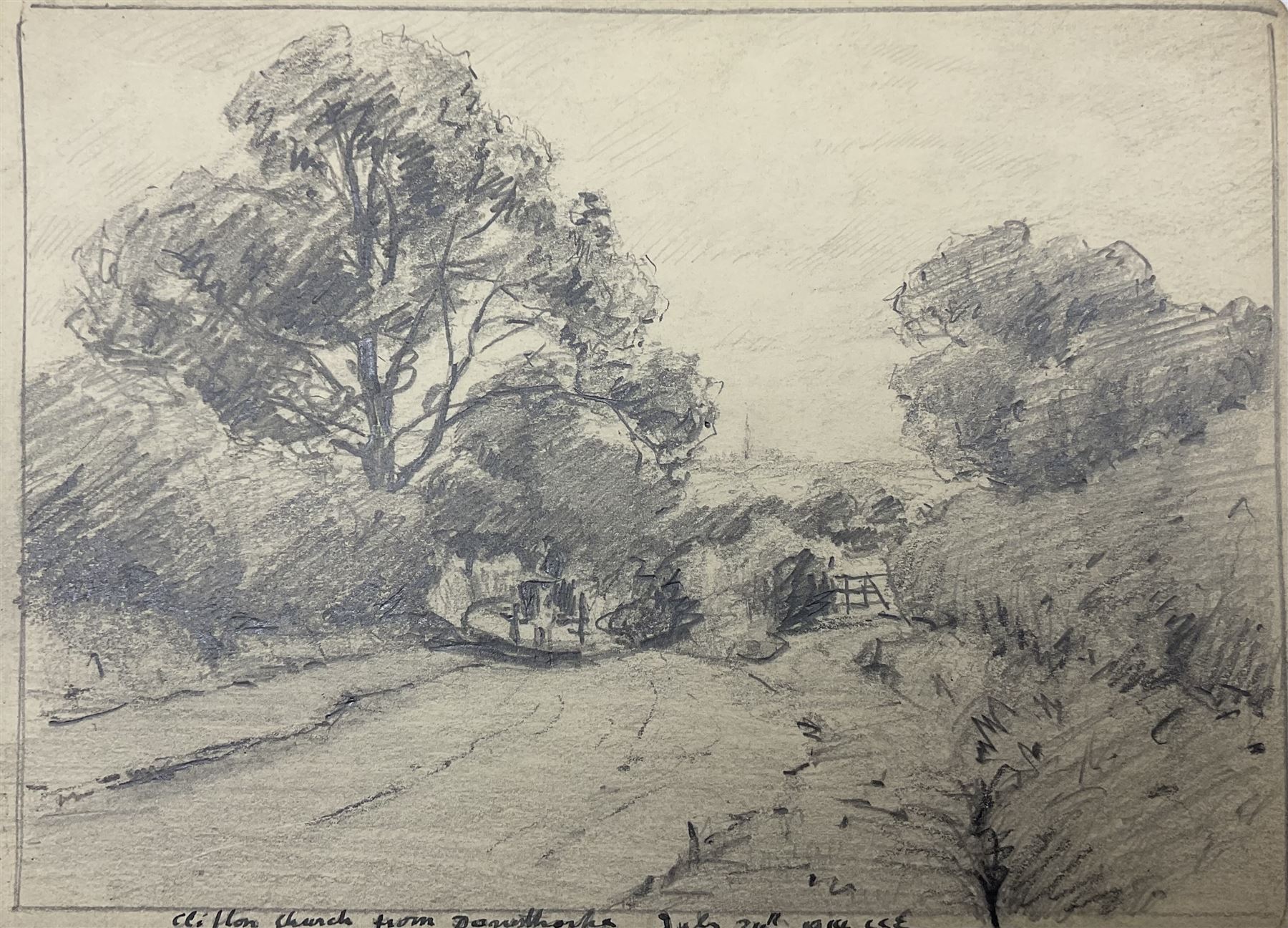 Charles Cutts Elmhirst (Staithes Group 1872-1937): Artist’s Sketchbook, Landscapes around Thorne and Helmsley, comprising eight pencil sketches and a watercolour of Thorne Church, variously signed titled and dated, disbound, overall 18cm x 25cm