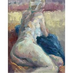 Pamela Daukes (British 20th Century): 'The Blue Cloak' Reclining Nude, oil on canvas board unsigned, titled verso 24cm x 19cm 