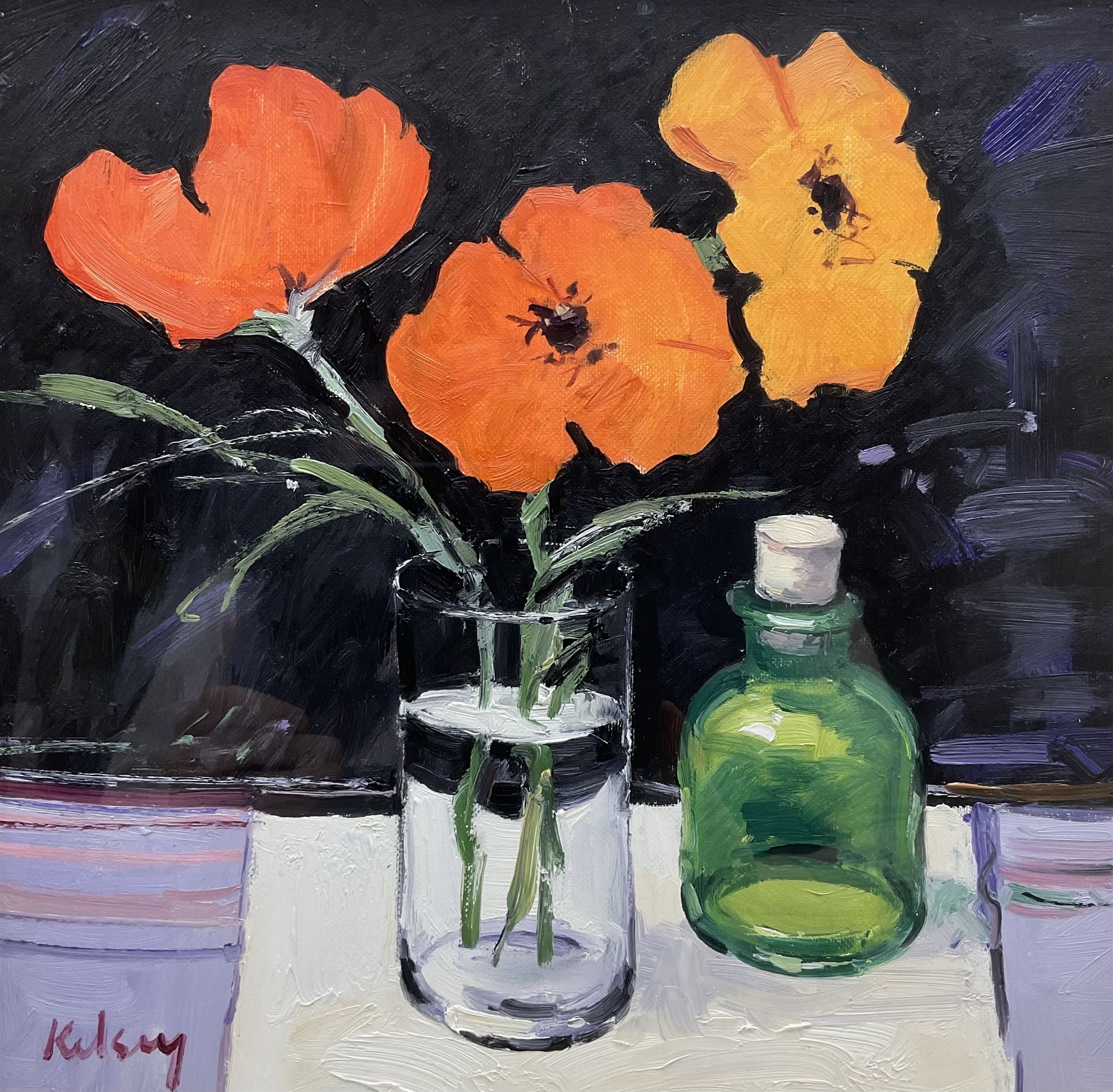 Robert Kelsey (Scottish 1949-): 'Poppies in a Glass', oil on canvas signed, titled verso 28cm x 28cm 
Provenance: with Walker Galleries Harrogate, labels verso 