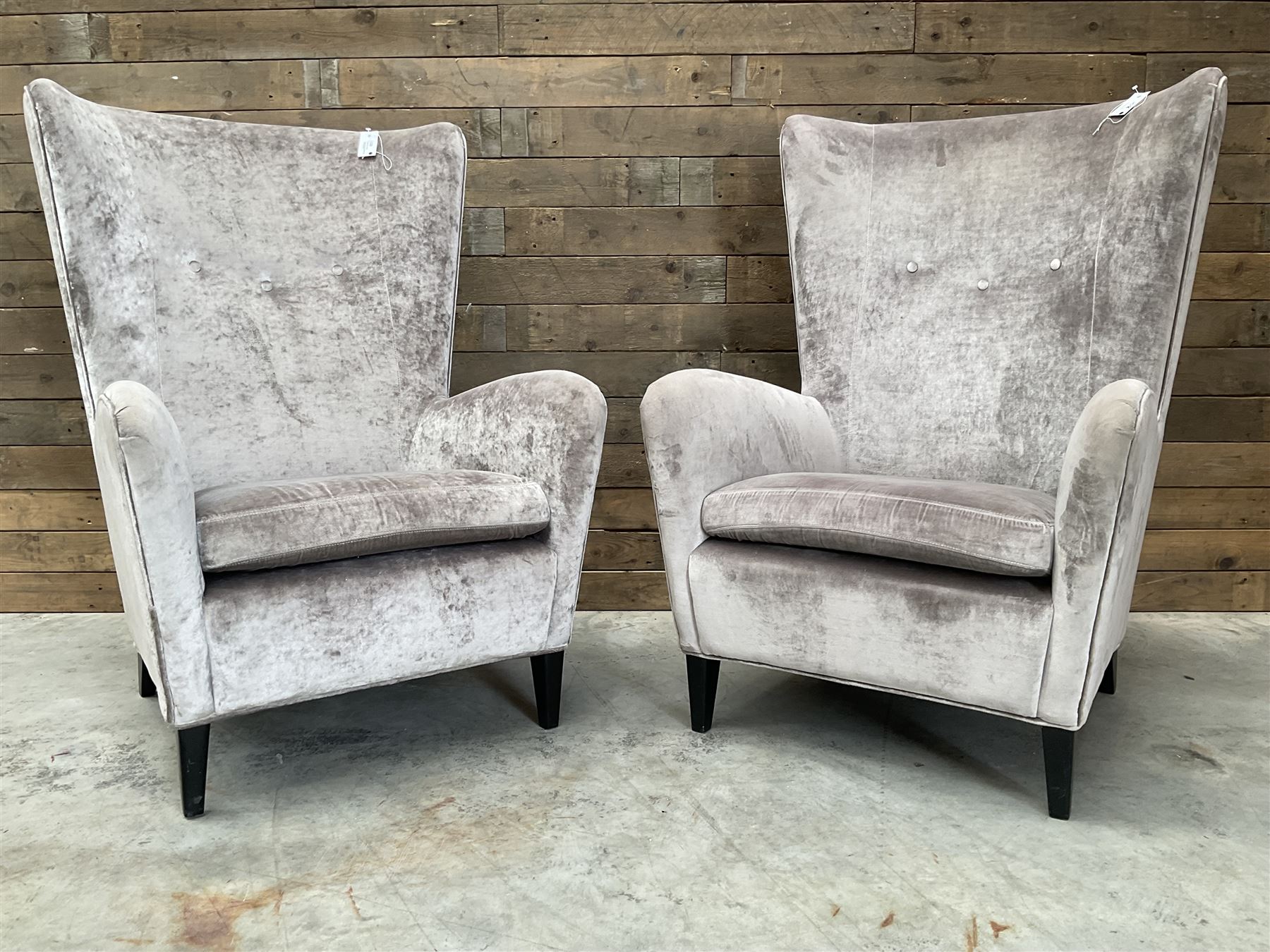 2 x Wing back armchair upholstered in silver crushed velvet fabric