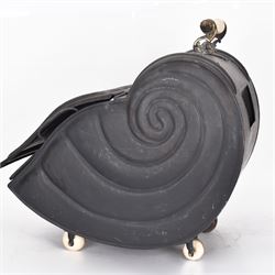 Victorian black matte metal coal scuttle, in the form of a nautilus shell, with ceramic wheels and handle, H47cm