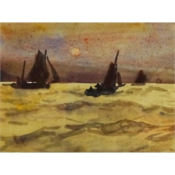  Joseph Richard Bagshawe (Staithes Group 1870-1909): Fishing Boats setting Sail at Sunrise, watercolour, authenticated by his granddaughter verso 15cm x 21cm  