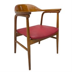 Mid-20th century teak armchair, tub shaped back over seat upholstered in red faux leather