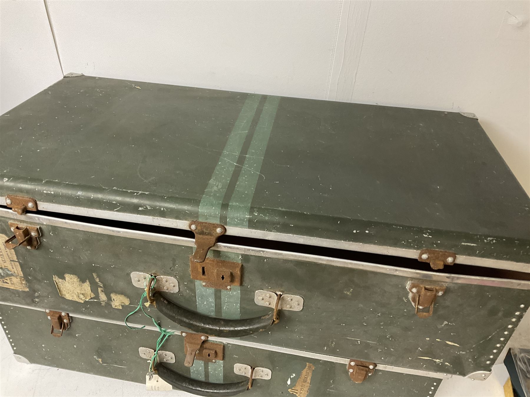 Metal deed box with key, together with two metal suitcases, deed box H27cm