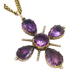 19th century gold foiled back amethyst pendant, on gold double link chain necklace, in fitted velvet and silk lined box