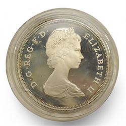 Eight The Royal Mint United Kingdom silver proof coins, comprising 1980 '80th Birthday' crown, 1981 'His Royal Highness The Prince Of Wales And Lady Diana Spencer' crown, 1984, 1985, 1986 and 1987 one pounds, all cased with certificates and a 1977 crown cased no certificate (8)