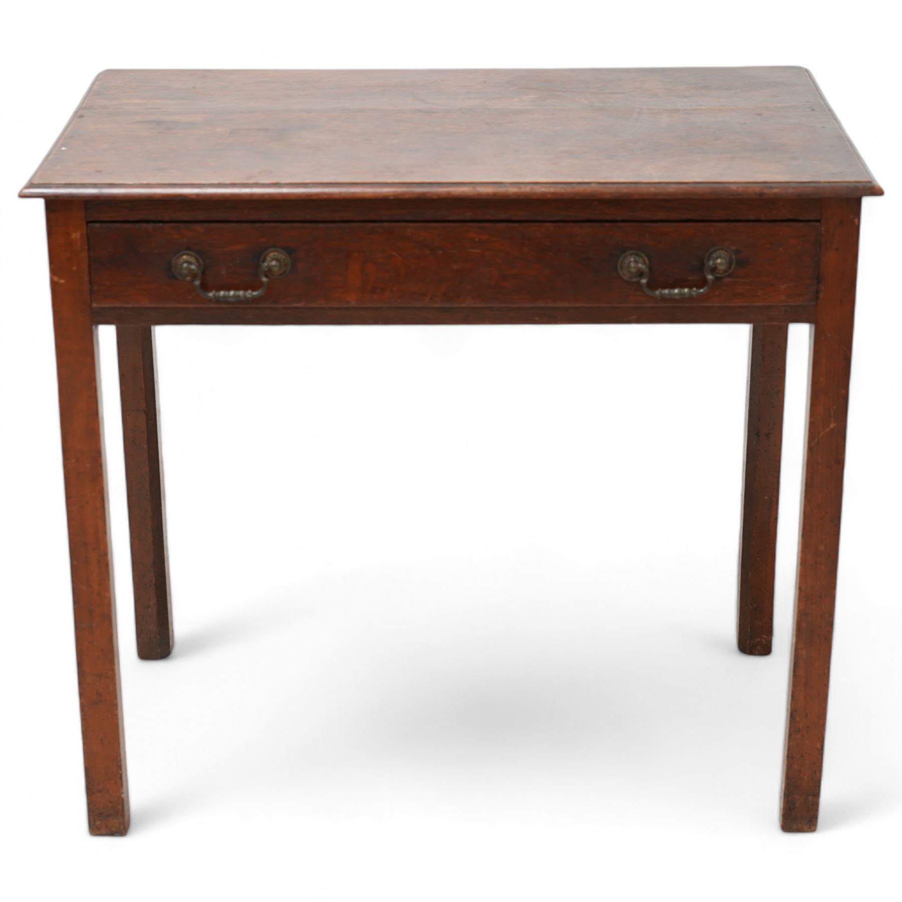 George III oak side table, moulded rectangular top over single drawer, fitted with cast brass swan neck handles and beaded circular plates, on square supports with inner chamfer 