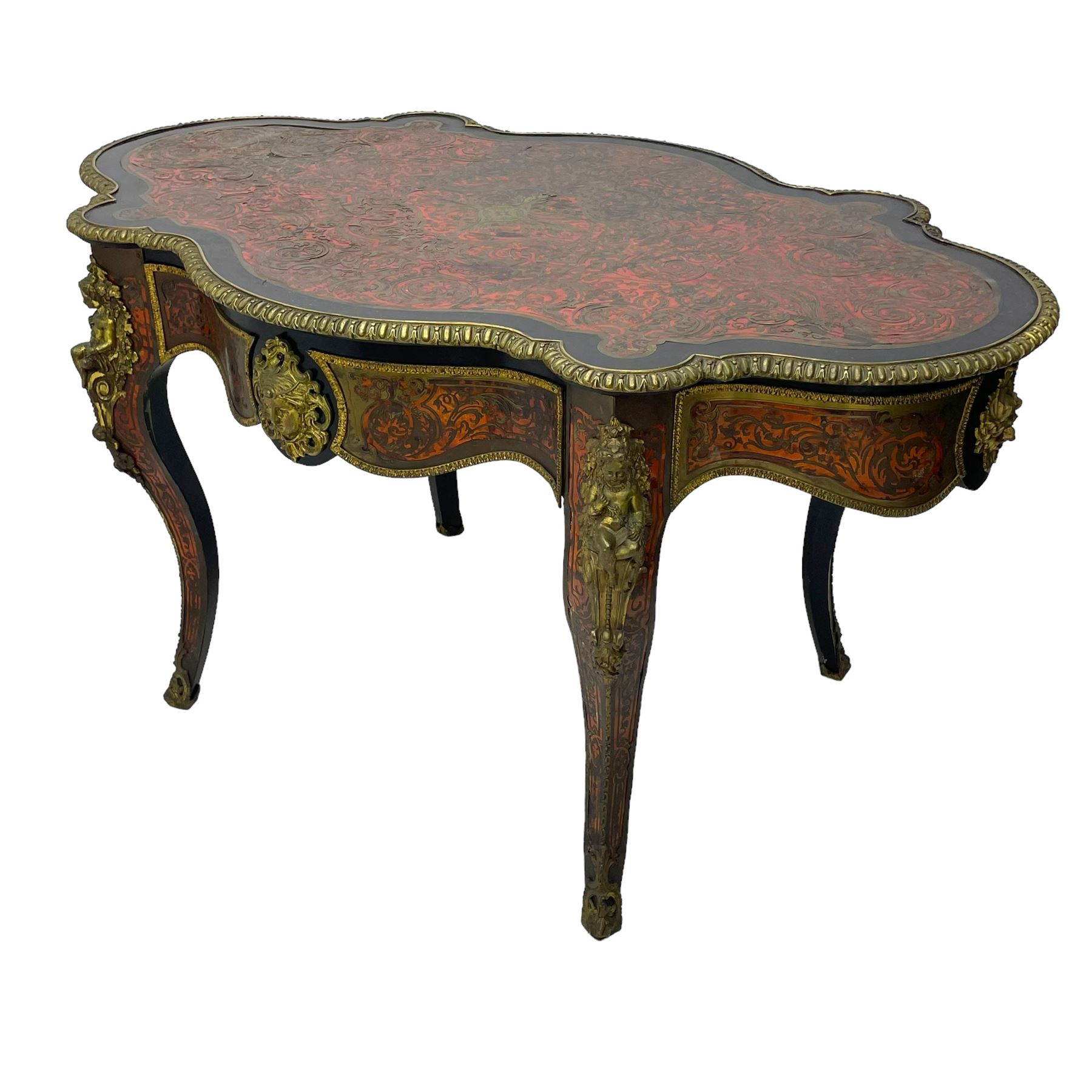 Victorian Louis XV design boulle work centre table, shaped form, decorated extensively with brass and red tortoise shell scroll work, central extending acanthus leaves surrounded by scrolling foliage, gardroon and floral cast brass edge, the frieze rails decorated with further boulle work and green man gilt metal cast masks, the cabriole supports mounted by seated putti mounts on S-scroll brackets surrounded by oak leaves and acorns, ornate scroll and floral cast terminal caps