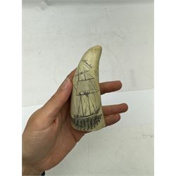 19th century scrimshaw whale tooth, the first inscribed Armistad 1839 depicting ship, L11cm 