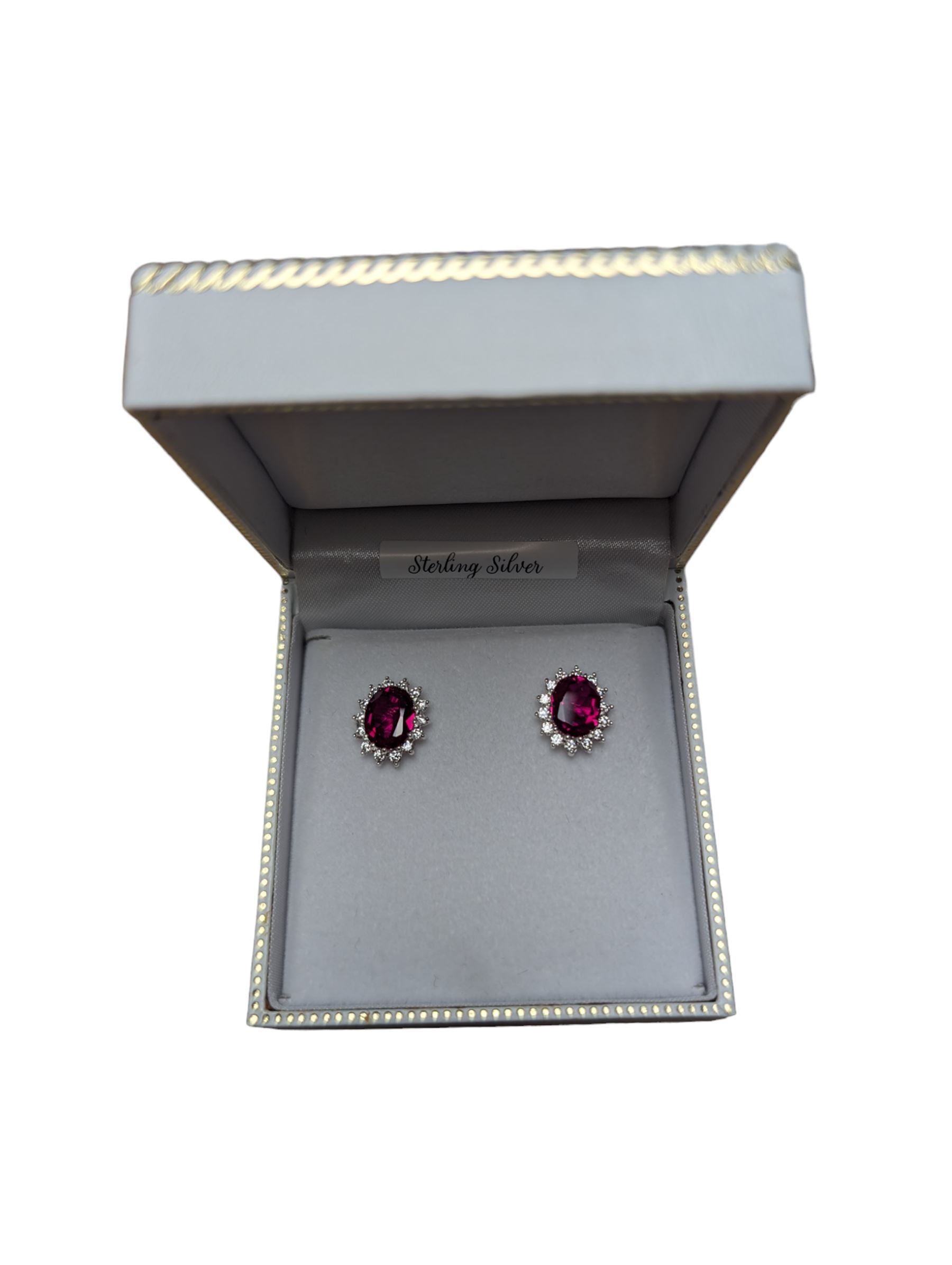 Silver red stone and cubic zirconia stud earrings, stamped 925, boxed