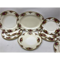 Royal Albert Old Country Roses pattern coffee set for four, comprising coffee pot, milk jug, cups and saucers, cake plate, together with six dinner plates, side plates etc (34) 