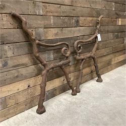 Pair of faux bois cast metal bench ends; together with wooden slatted bench with metal ends