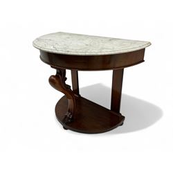 Victorian mahogany and marble demi-lune console table, moulded white and grey veined marbl...