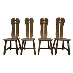 Attributed to De Puydt - set of four mid-century Brutalist oak dining chairs, twin slat back united by pegs, on square tapering supports united by H-stretcher 