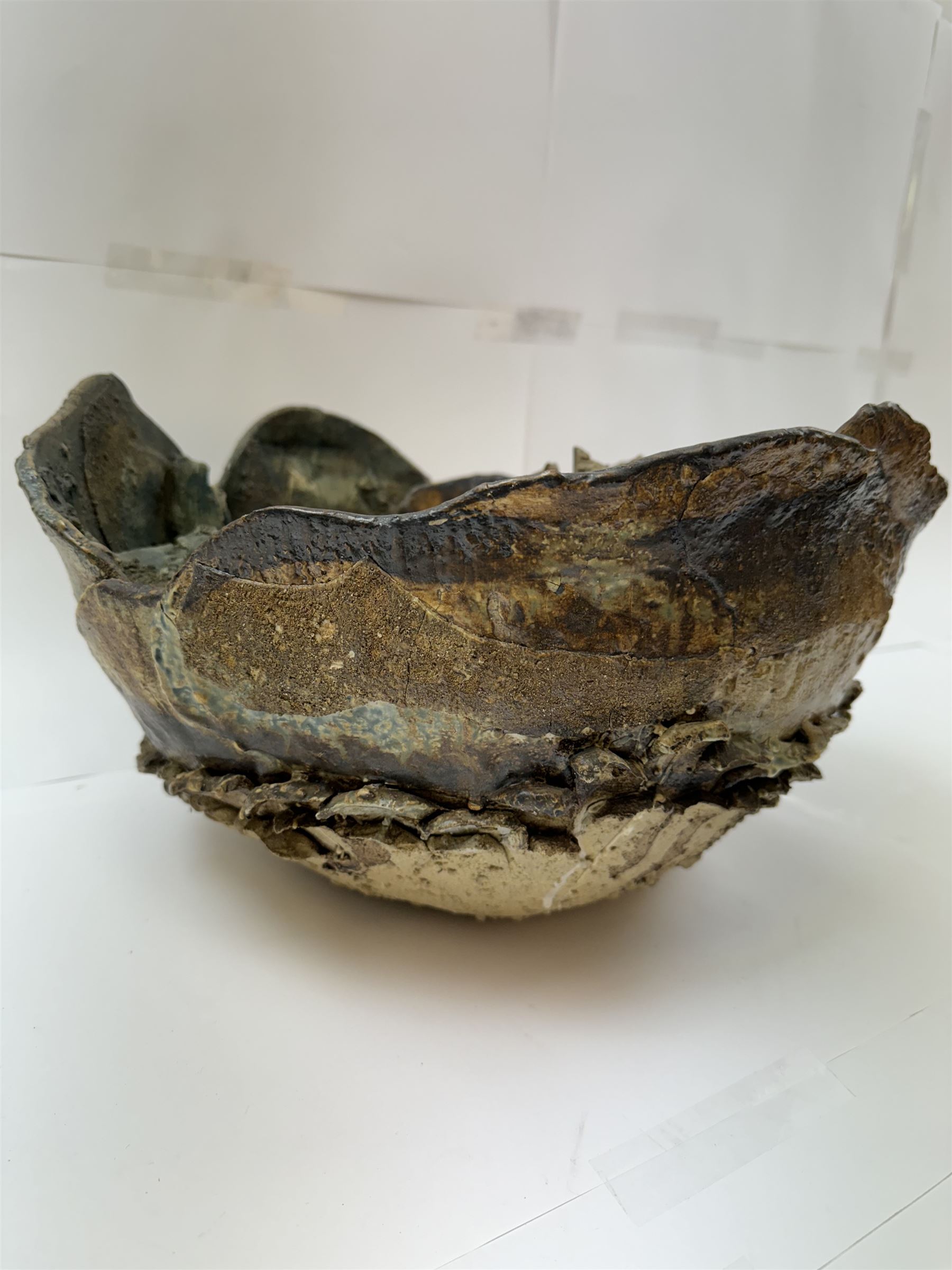 Peter Hough (British Contemporary): slab built stoneware sculptural bowl, of abstract floral design with applied and incised decoration throughout, H21cm, D37cm