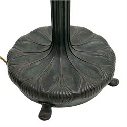 In the manner of Tiffany & Co. - bronze 'Chased Pod' design floor lamp, 'Maple Leaf' dome leaded glass shade decorated with flowers in blue and green shades, six branches on column decorated with stylised trailing stems terminating to circular base with stylised plant decoration, on scrolled feet, the base stamped 'Tiffany Studios New York 379' the inner shade stamped 'Tiffany Studios New York [...]'