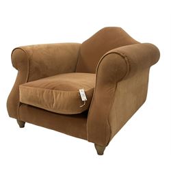 Loaf - hardwood-framed armchair, camelback and rolled arms, upholstered in rust velvet fabric, on turned oak front feet