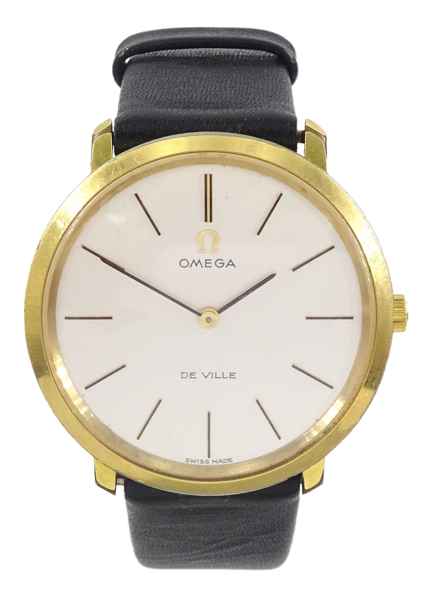 Omega De Ville gentleman's stainless steel and gold-plated manual wind wristwatch, Ref. 111.077, Cal. 620, silvered dial with baton hour markers, on black leather strap