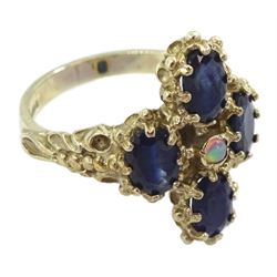 9ct gold four stone oval cut sapphire and opal ring, hallmarked