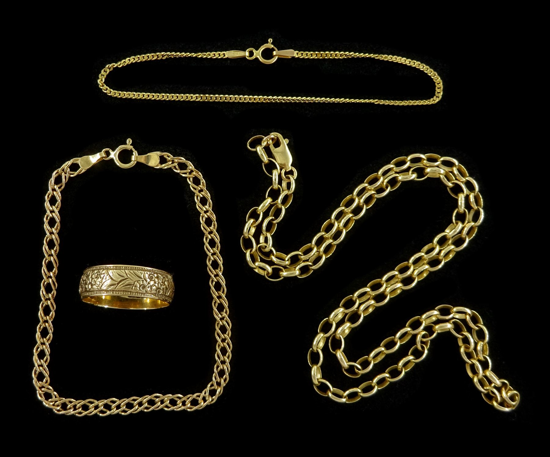 Gold band, with engraved foliate decoration, gold cable link chin necklace and two gold bracelets, all 9ct