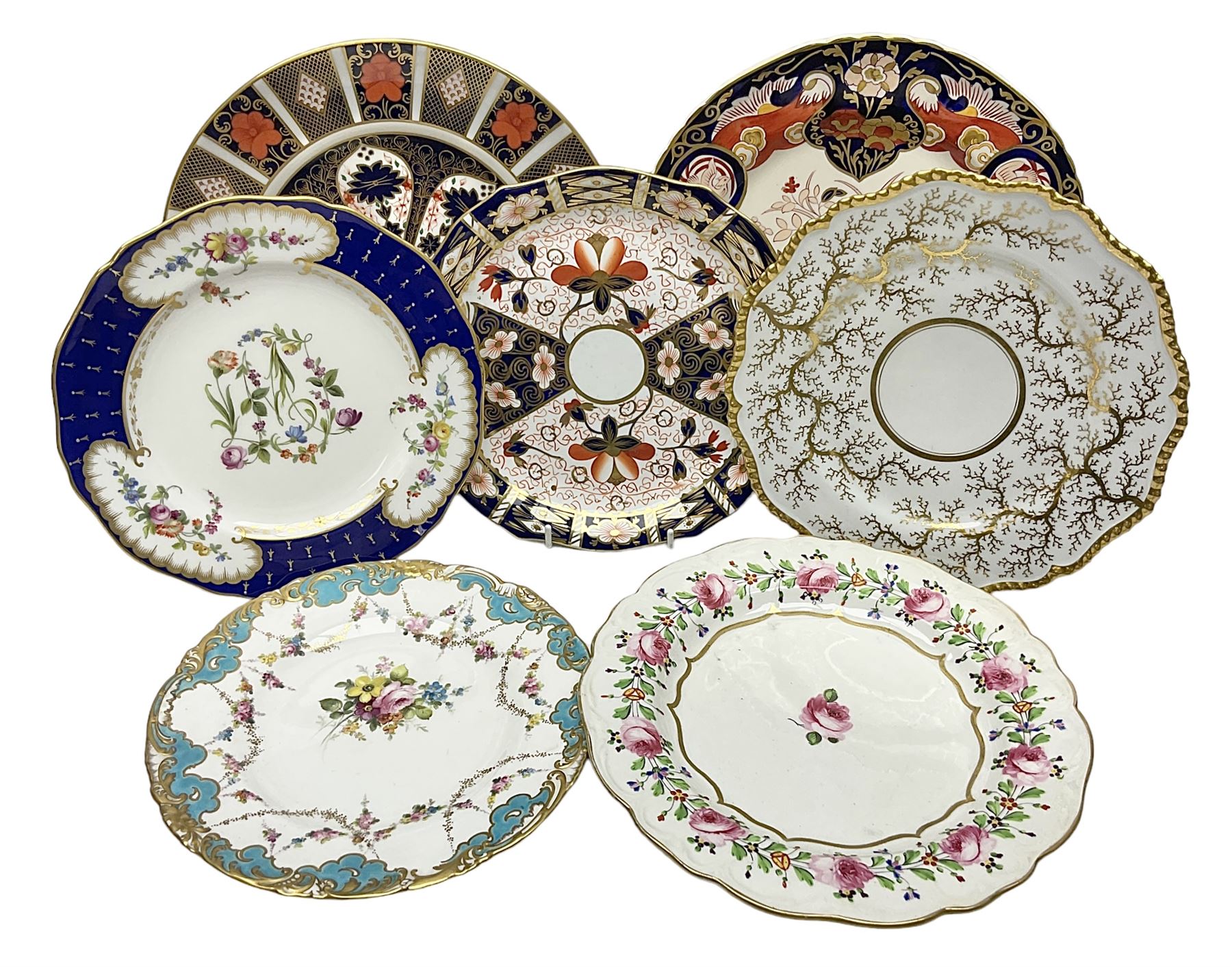 Seven cabinet plates including Royal Crown Derby Imari examples, early Worcester Flight & Barr gilded example etc