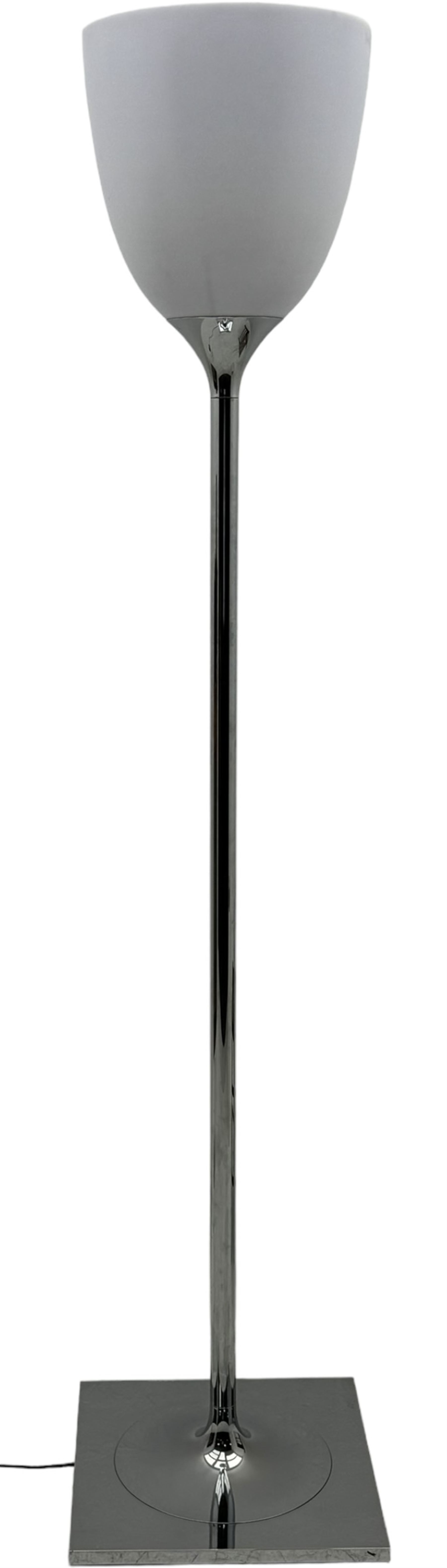 Philippe Starck (b. 1949) for Flos - 'KTribe Floor 2' standard lamp, the base, rod support, and diffuser support in die-cast, polished, and chrome-plated Zamak alloy, with an inner frosted diffuser and an outer fabric shade, equipped with an electronic dimmer switch