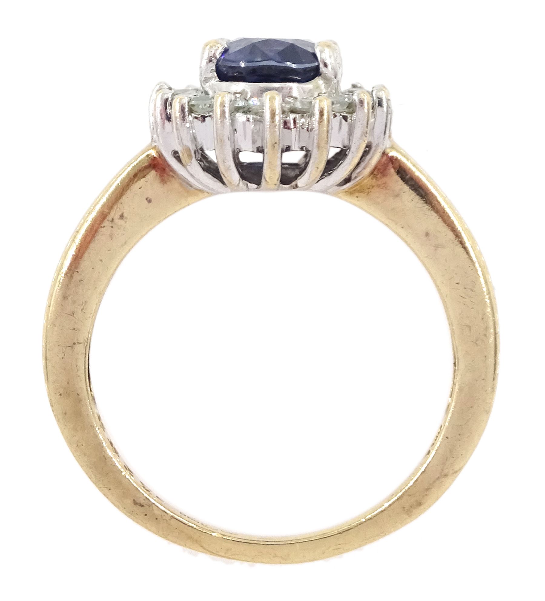 9ct gold oval cut sapphire and round brilliant cut diamond cluster ring, hallmarked