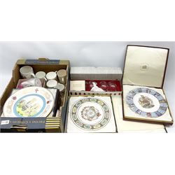 Collection of commemorative ware, including Spode cup to celebrate the wedding of Prince of Wales 1981, Minton limited edition royal wedding plate with certificate and box, Minton limited edition Prince William plate with certificate and box, five glasses with coronation souvenir engraving etc.   