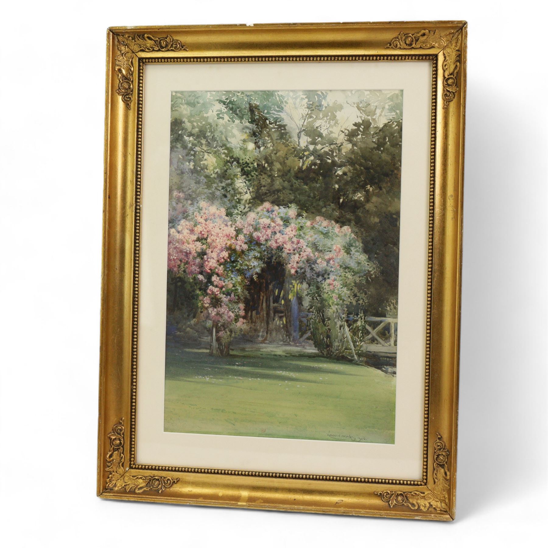 Robert E Groves (British ?-1944): Pink Blossom in the Garden, watercolour signed and dated 1926, 36cm x 25cm 