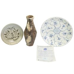 19th century Chinese glazed wine carafe and blue and white bowl, from the Tek Sing shipwreck, carafe with certificate, H1cm and Ming dish (3)