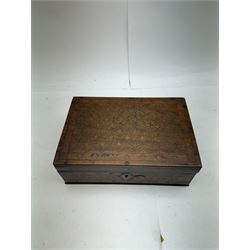 Three inlaid wooden boxes, together with an oak table top cabinet, tallest H42cm