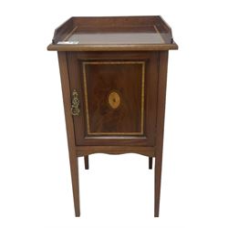 Edwardian inlaid mahogany pot cupboard, raised three-quarter gallery back, panelled door with fan inlay enclosing single shelf