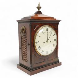 John Grant (II) Fleet Street, LONDON-Regency mahogany and gilt brass mounted 8-day striking table clock c1820, sides with cornucopia loop handles above fishscale sound frets and a glazed rear door, 8