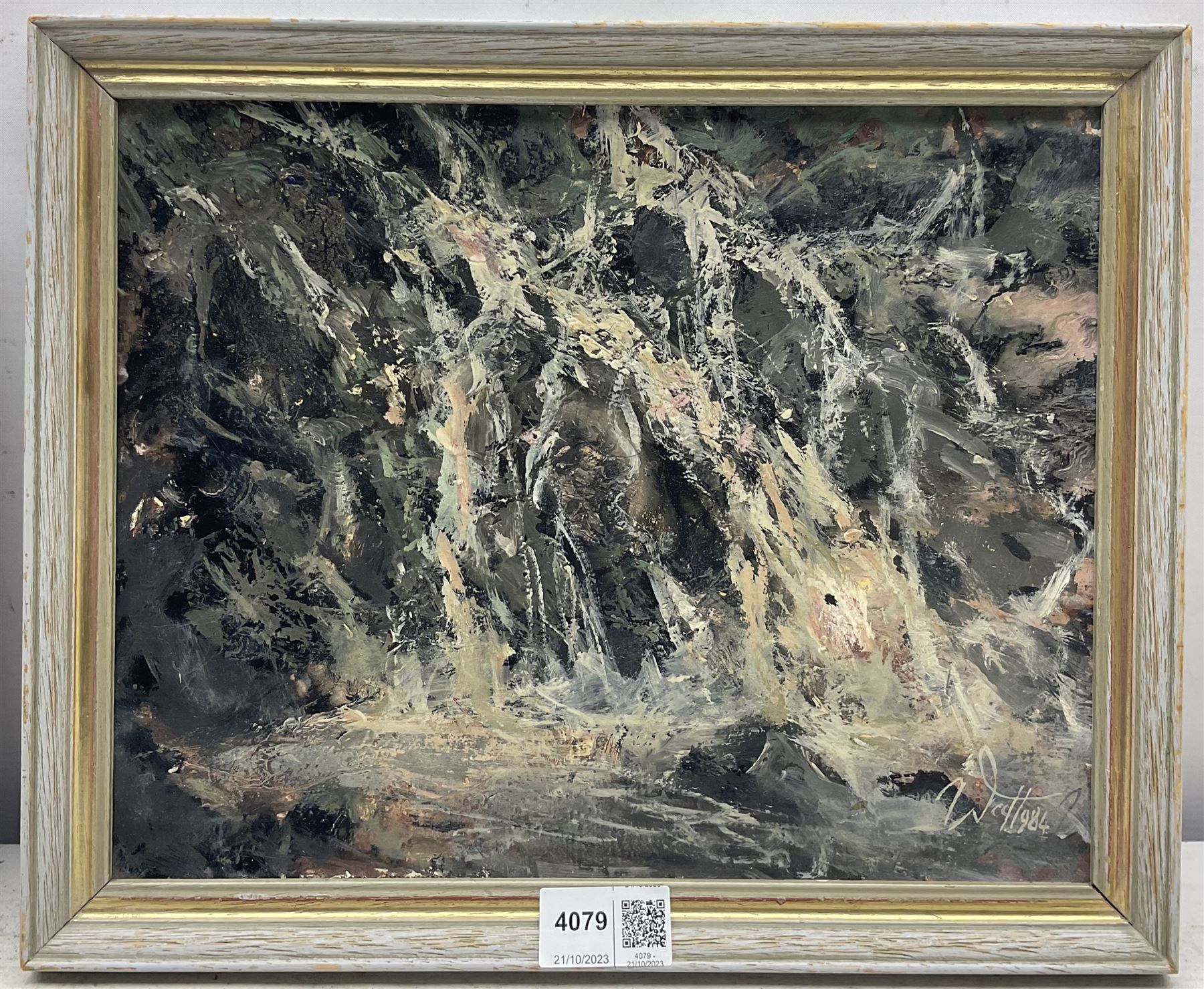 Watt (British 20th century): 'Hill Burn in Spate' and 'Cascades', pair impasto oils on board signed and dated 1984, max 23cm x 29cm (2)