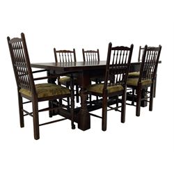 Oak refectory dining table, rectangular cleated top on turned supports joined by H-stretcher; together with set of six (4+2) oak spindle back dining chairs, with upholstered drop-on seat cushions, turned supports joined by turned stretchers