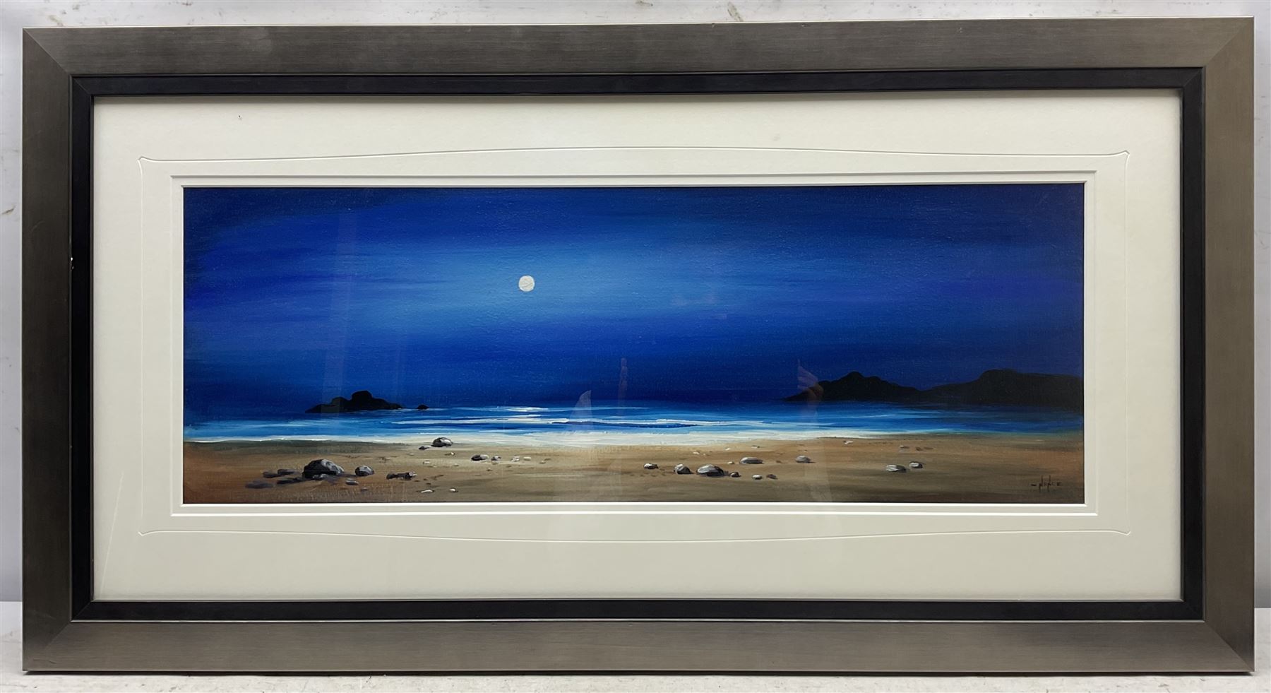 Mike Nance (British Contemporary): Moonlight on the Sands, acrylic on board signed 25cm x 70cm 