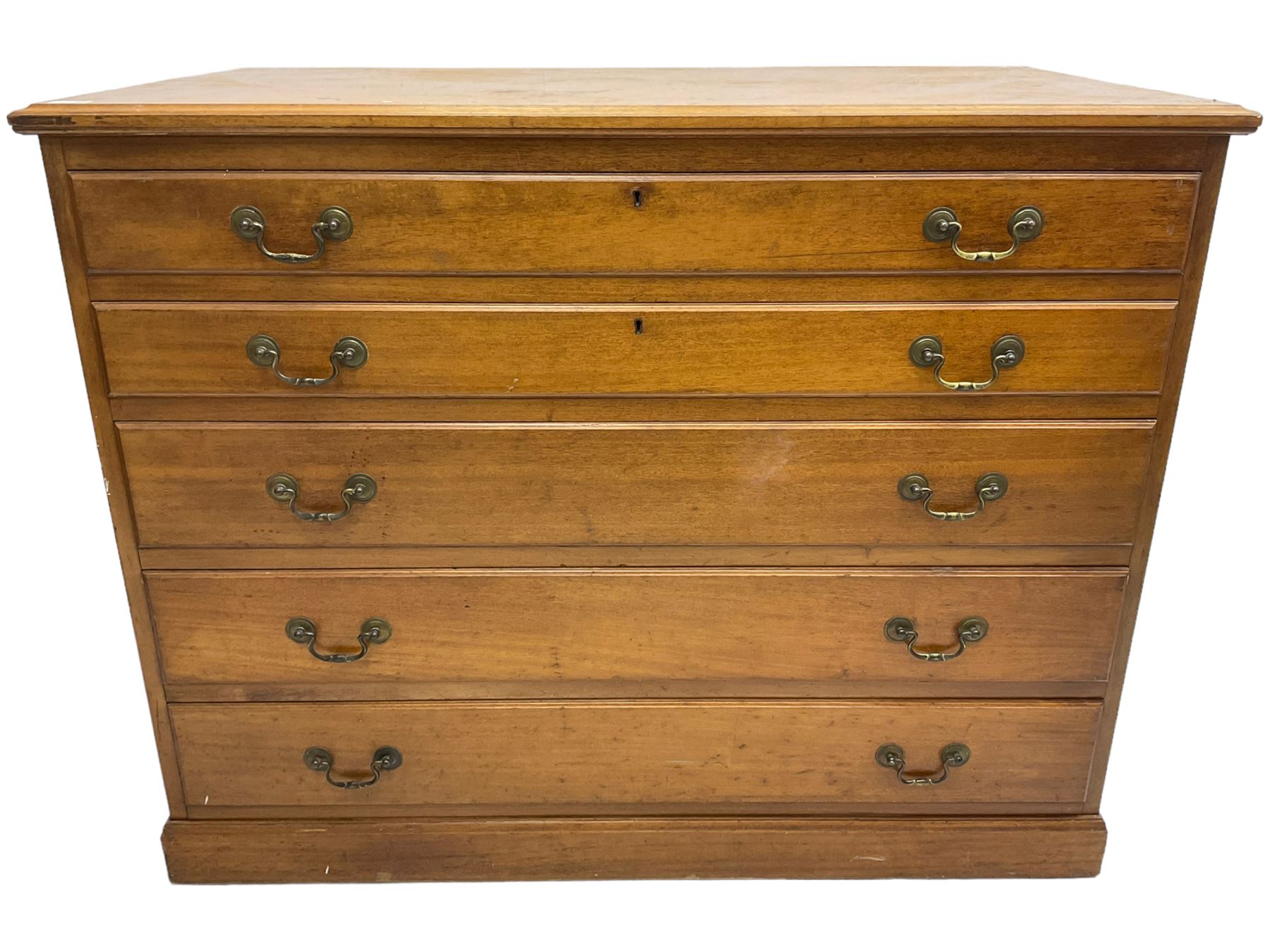 20th century mahogany plan chest, moulded rectangular top over five graduating drawers, on moulded plinth base