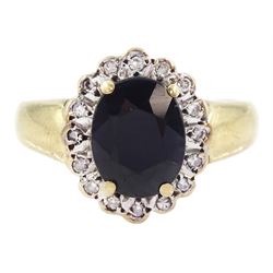 9ct gold oval cut sapphire and round brilliant cut diamond cluster ring, hallmarked